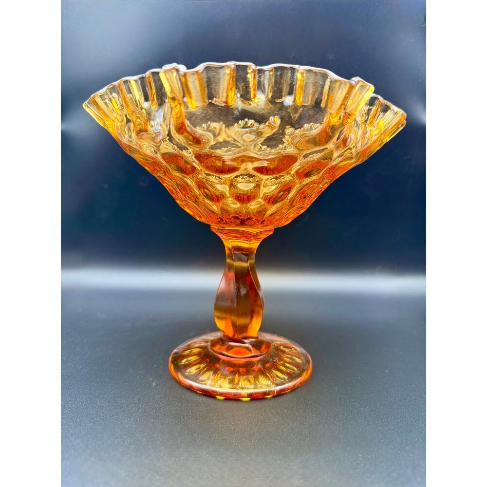 Vintage Amber Glass Compote Candy Dish – 7½” Wide, 7” Tall, Ruffled Edge